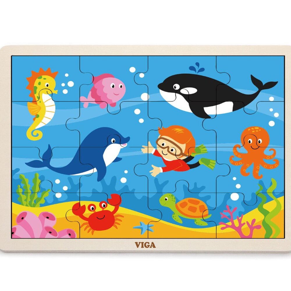 VIGA 16 Pcs Flat Wooden Puzzle w/Tray -Ocean Fun Sea Animals New Sealed Age 2+